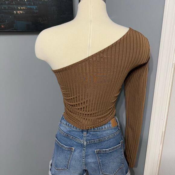 Better Be Woman’s One Shoulder Form Ribbed Fitted Crop Top, Brown, Small - Picture 2 of 4